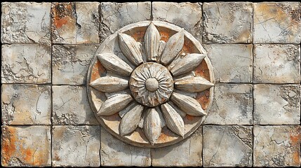 An ornate stone flower design embellishes a tile wall with artistic craftsmanship.