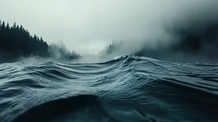 A moody, misty landscape with a swirling river flowing through a dense forest.  The image is evocative of mystery and adventure.