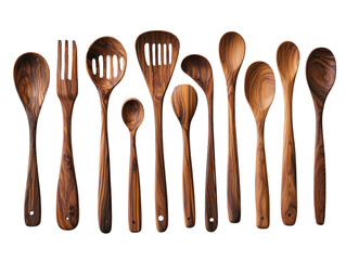 Collection of various wooden kitchen utensils, including spoons, whisks, and spatulas, on a white background. PNG transparent.