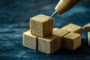 Wooden Blocks and a Pointed Tool on a Blue Surface