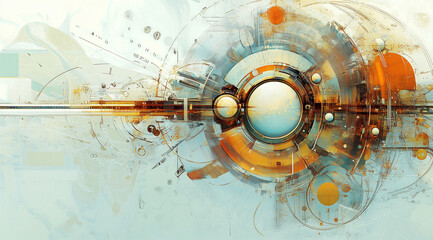 Abstract technological artwork with futuristic elements, vibrant colors, and circular design, digital illustration concept