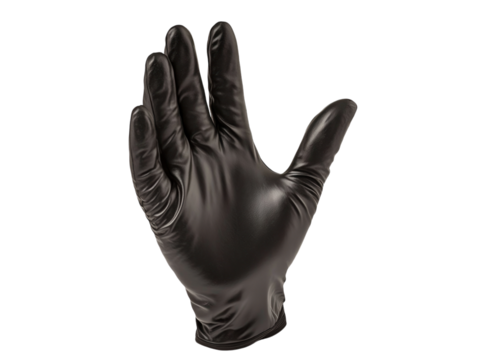 Black gloved hand making an OK gesture, isolated on a white background. PNG transparent.