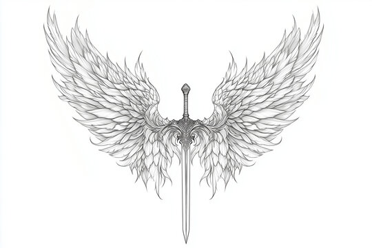 Elegant illustration of a sword with spreading angel wings, detailed and intricate, fantasy art concept