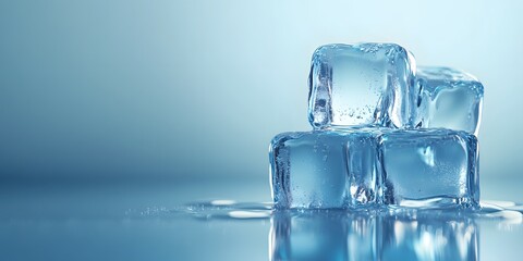 Stacked transparent ice cubes with realistic water droplets and a melting effect are presented in macro photography, featuring a cool blue tint and studio lighting for crystal-clear detail.