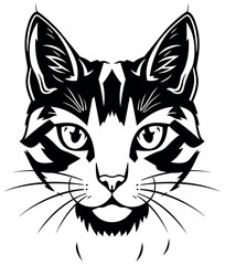 Black Drawing of Cats Head Isolated on White Background - Illustration, Vector