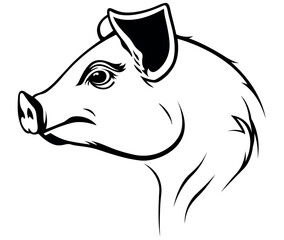 Black Drawing of Piggy Head Isolated on White Background - Illustration, Vector