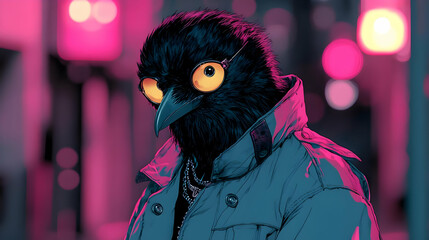 Fototapeta premium A Raven with Glasses in the Neon City