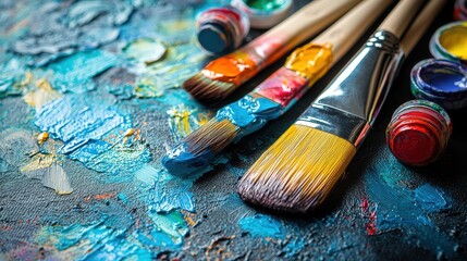Obraz premium Vibrant Art Studio Essentials: Paintbrushes, Palettes and Colors.