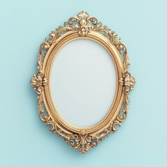 An elegant gold oval frame with intricate patterns, set against a soft pastel background, ideal for showcasing luxury products