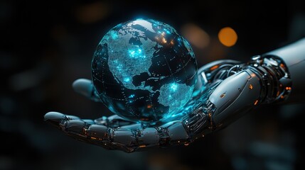 Futuristic robotic hand holding digital globe with technology data overlay