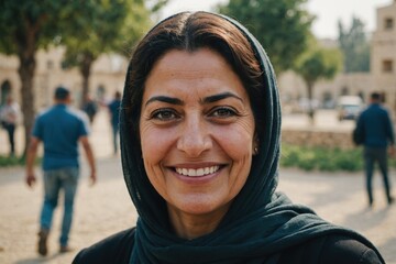 Close portrait of a smiling 40s Palestinian woman looking at the camera, Palestinian outdoors blurred background