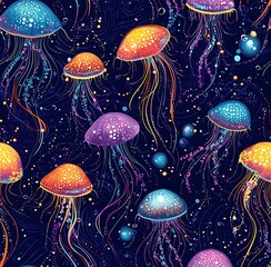 A seamless pattern of vibrant jellyfish with neon colors