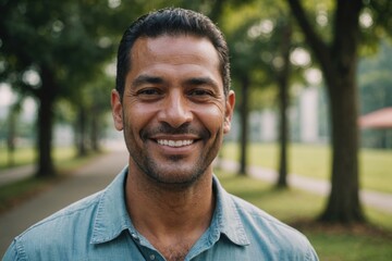 Naklejka premium Close portrait of a smiling 40s Panamanian man looking at the camera, Panamanian outdoors blurred background