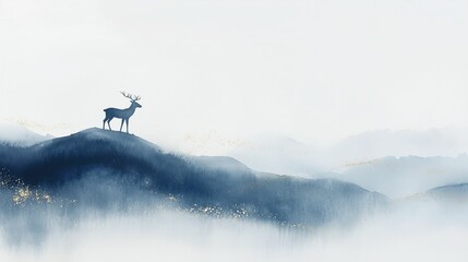 Fototapeta premium Watercolor silhouette of a deer on a foggy mountain landscape with blue tones