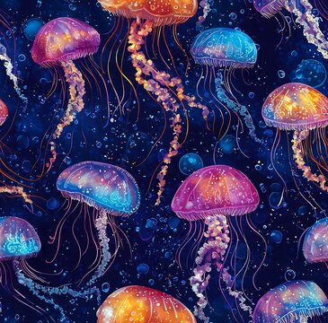 A seamless pattern of vibrant jellyfish with neon colors