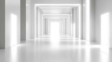 Fototapeta premium A bright, clean, and minimalist hallway with white walls and a glowing light at the end.