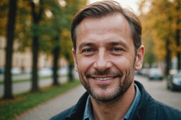 Fototapeta premium Close portrait of a smiling 40s Polish man looking at the camera, Polish outdoors blurred background