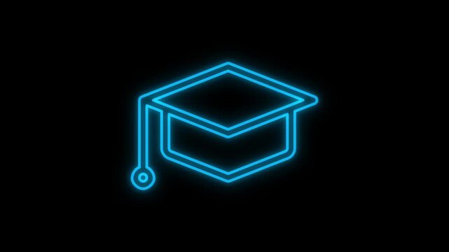 Glowing neon graduation cap sign animation on a black background.
