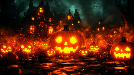 Naklejka premium Spooky Halloween Pumpkins Glowing in the Night with Haunted House