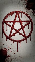 A dripping bloody pentagram isolated on a white background. The pentagram is made of thick red liquid, possibly blood.
