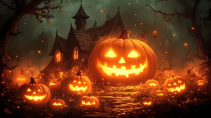 Fototapeta premium Haunted House with Glowing Jack-o'-Lanterns on Halloween Night