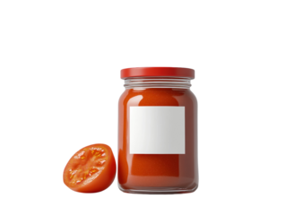 Tomato sauce jar with blank label and half tomato on white background. PNG transparent.