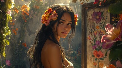 Woman in floral garland surrounded by lush nature with thoughtful expression.
