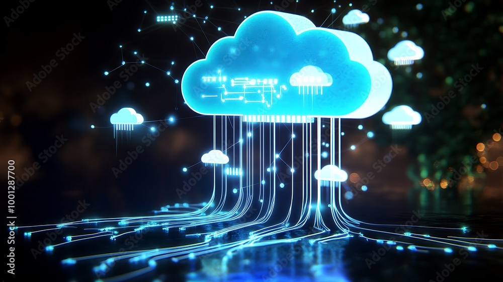 Poster A 3D rendering of a glowing blue cloud computing symbol with data flowing in and out, representing the concept of cloud storage and data transfer.