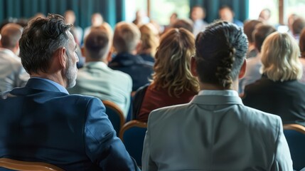 Obraz premium Rear view of business professionals listening to a speaker at a conference.