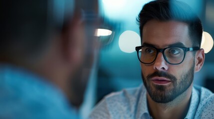 Obraz premium Businessman in glasses looking intently during a meeting