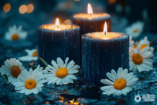 A serene composition for Day of the Dead (Dia De Los Muertos) featuring flickering candles and white daisies, ideal for commemorations and festive designs.