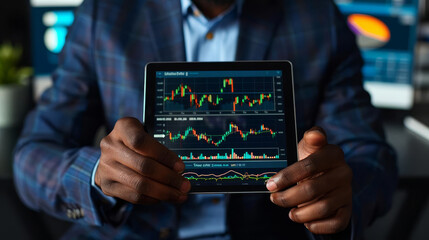 Fototapeta premium Closeup of businessman hands holding a tablet displaying financial charts.