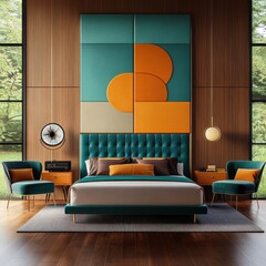 Modern Bedroom Interior with Abstract Art and Blue Accents.