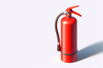 Fototapeta premium A bright red fire extinguisher on a light background. Space for text.