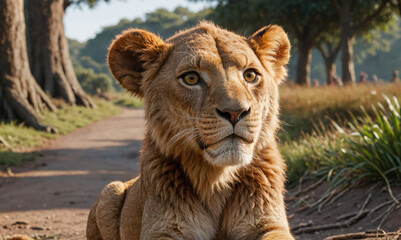 Obraz premium A young lion sits on a path in the savanna, looking up with curiosity