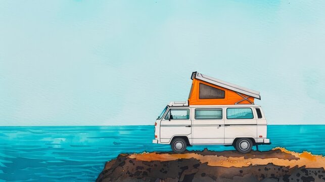 White camper van with pop-up roof parked on a cliff overlooking the ocean.