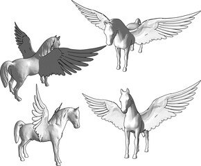 Vector sketch illustration silhouette design of mythical mythical animal unicorn with wide wings