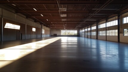 Empty industrial warehouse with high ceilings, large open space with smooth concrete floors and plenty of natural light pouring in through high-set windows, perfect for a studio setup