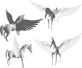 Vector sketch illustration silhouette design of mythical mythical animal unicorn with wide wings