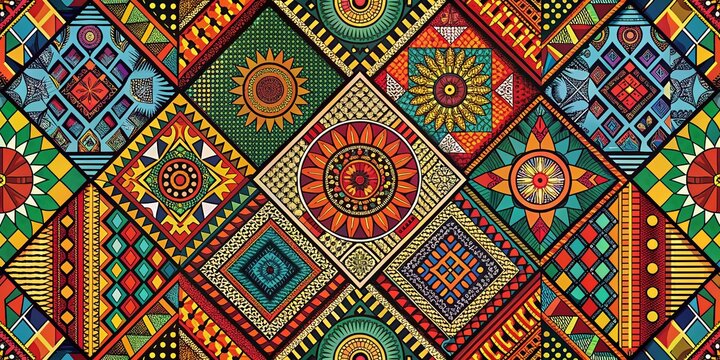 Vibrant, geometric patterns and intricate textures blend traditional African motifs with modern flair, creating a bold,