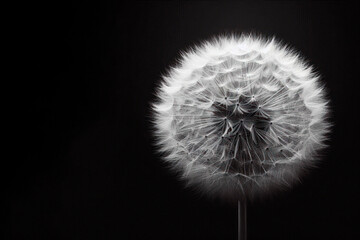 Fluffy dandelion on a black background. Space for text.