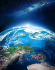 Fototapeta premium 宙空間から見下ろす美しい地球。青と白のマーブル模様が広がり、青い海や白い雲、緑の大陸が太陽の光を受けて広がっている。その背景には無限の宇宙と星々が広がる、地球の豊かさと儚さが見えてく.j