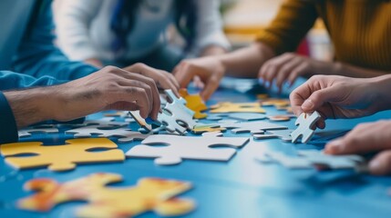 Fototapeta premium Company employees playing a game and assembling jigsaw puzzle pieces during a team-building activity