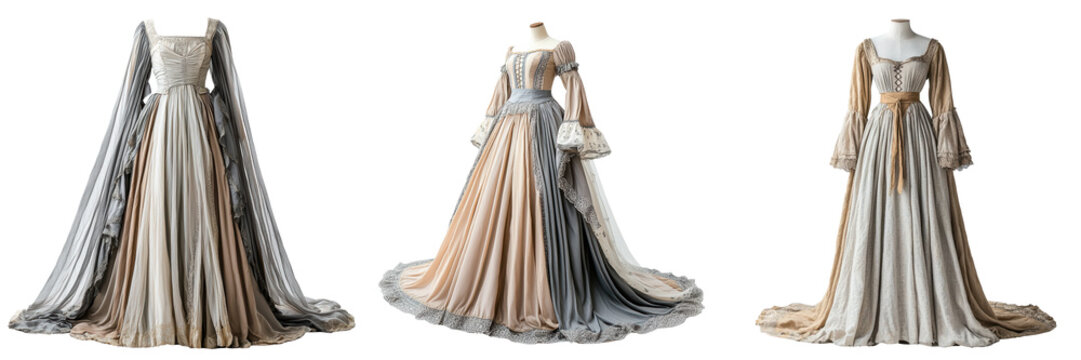 A medieval inspired dress with flowing sleeves in earthy colors fantasy theme isolated on white and transparent background