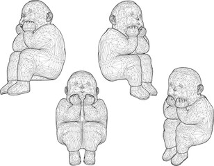 Vector sketch illustration silhouette design image of a fat little boy sitting daydreaming