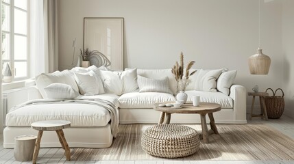 Minimalist living room with white sectional sofa, wooden coffee table, and woven accents.