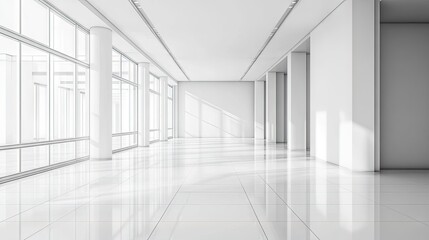 Empty white room with shiny ceramic tile flooring, minimalistic ceiling lighting, and large windows letting in bright natural light.