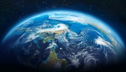 Fototapeta premium 宙空間から見下ろす美しい地球。青と白のマーブル模様が広がり、青い海や白い雲、緑の大陸が太陽の光を受けて広がっている。その背景には無限の宇宙と星々が広がる、地球の豊かさと儚さが見えてく.j