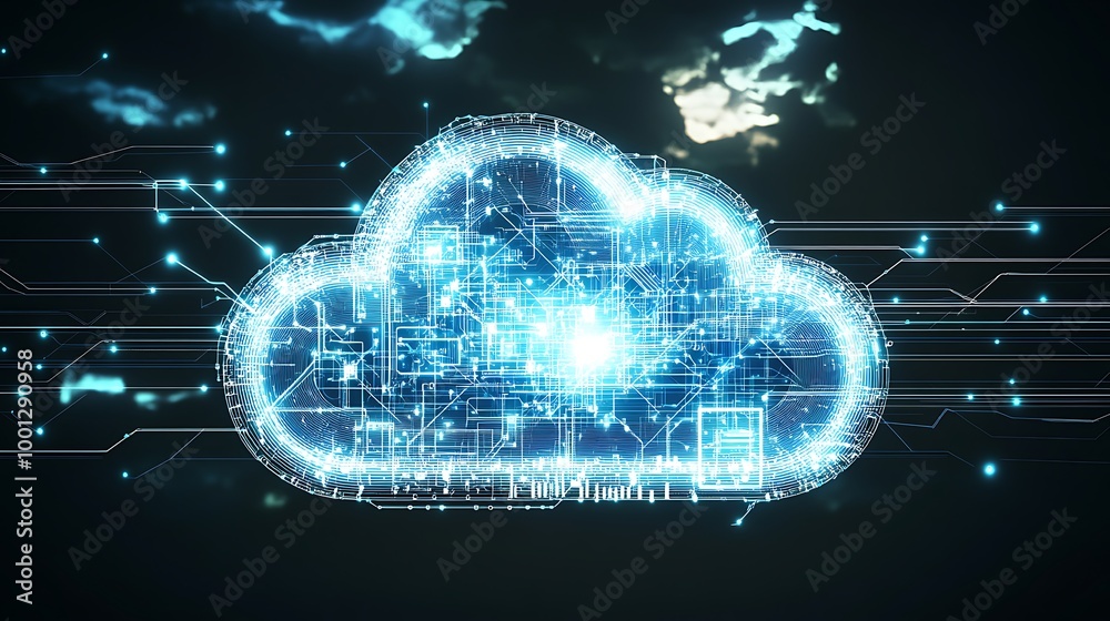 Poster A glowing blue cloud computing icon with circuit boards and connected lines, set against a dark background with a cloudy sky.