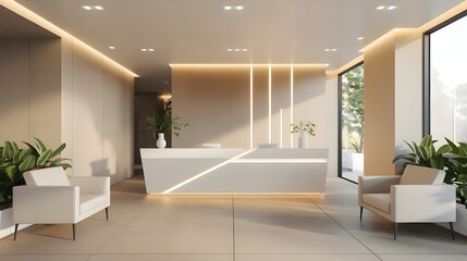 Modern Minimalist Reception Area with White Reception Desk and Seating